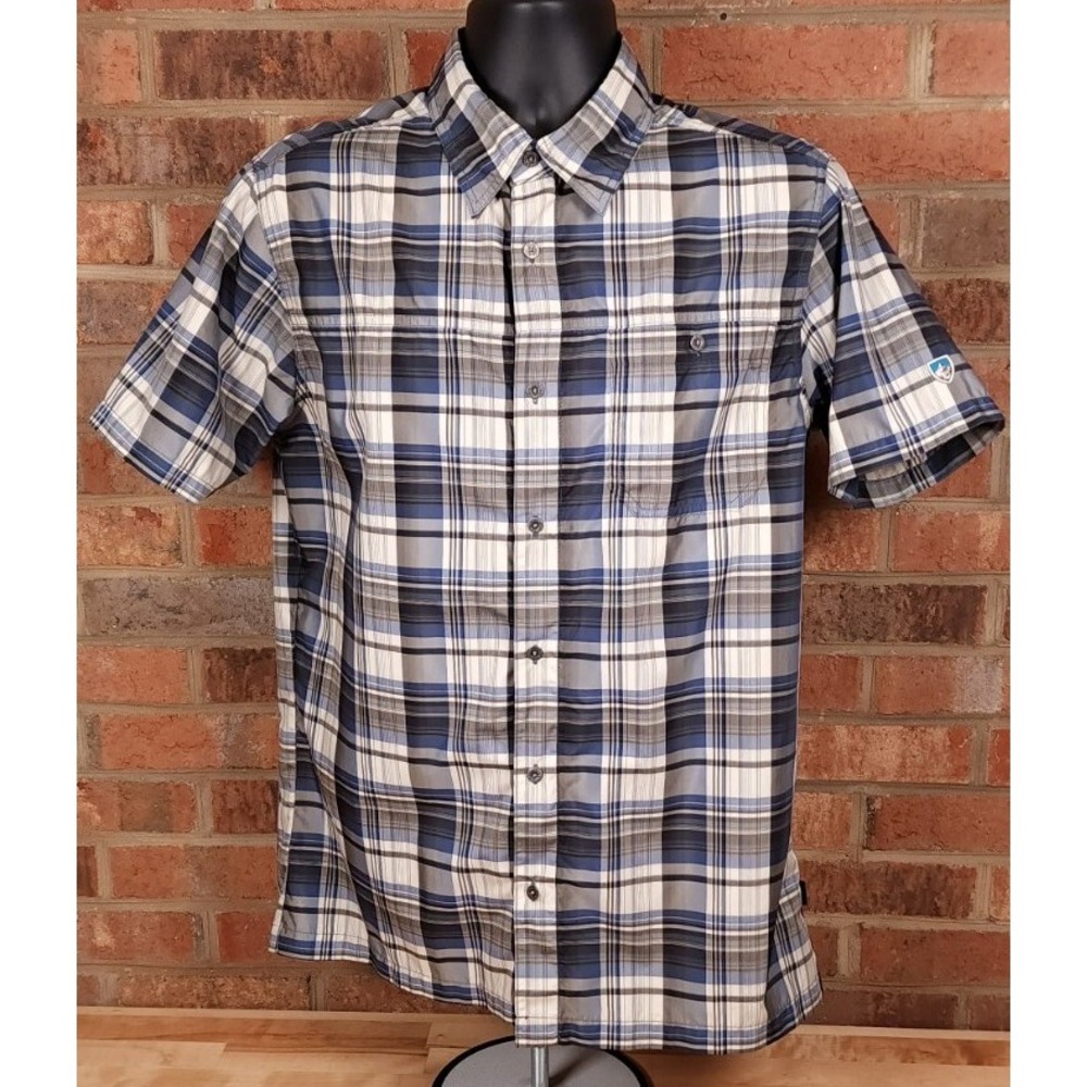 Kuhl Ionik Button Up Short Sleeve Shirt Mens Size Medium Plaid Blue Gray